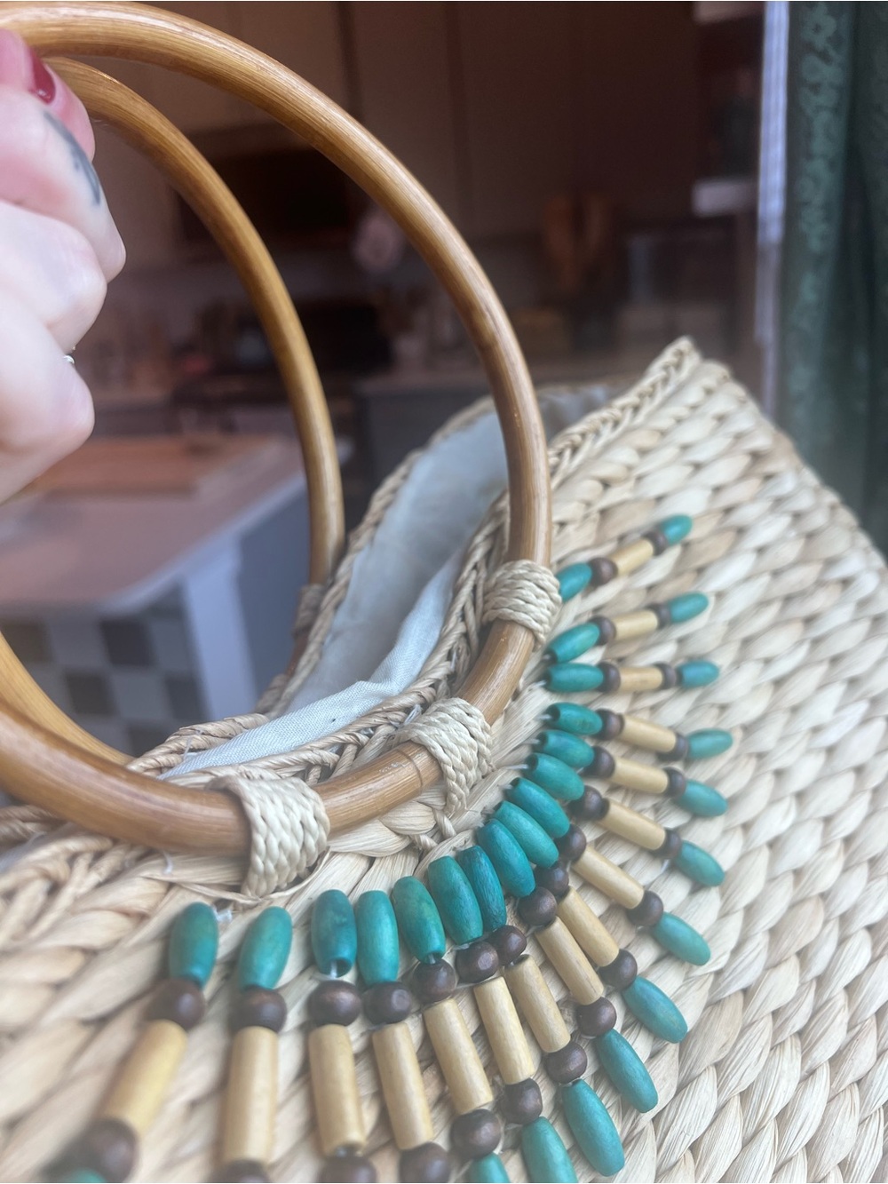 Source Unknown Natural Straw Tote with Turquoise Beads and Wooden Handles - Picture 2 of 9